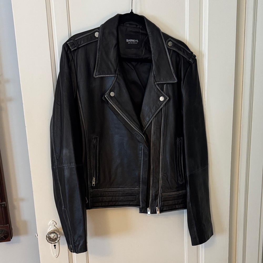 Barneys Originals Distressed Black Leather Moto Jacket